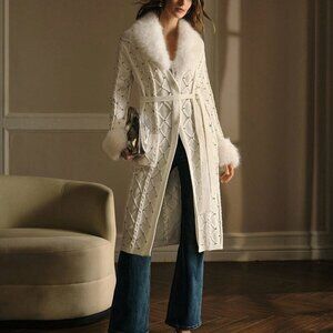 Beige Casual Women's Fur Collar Rhinestone Knitted Belted Cardigan